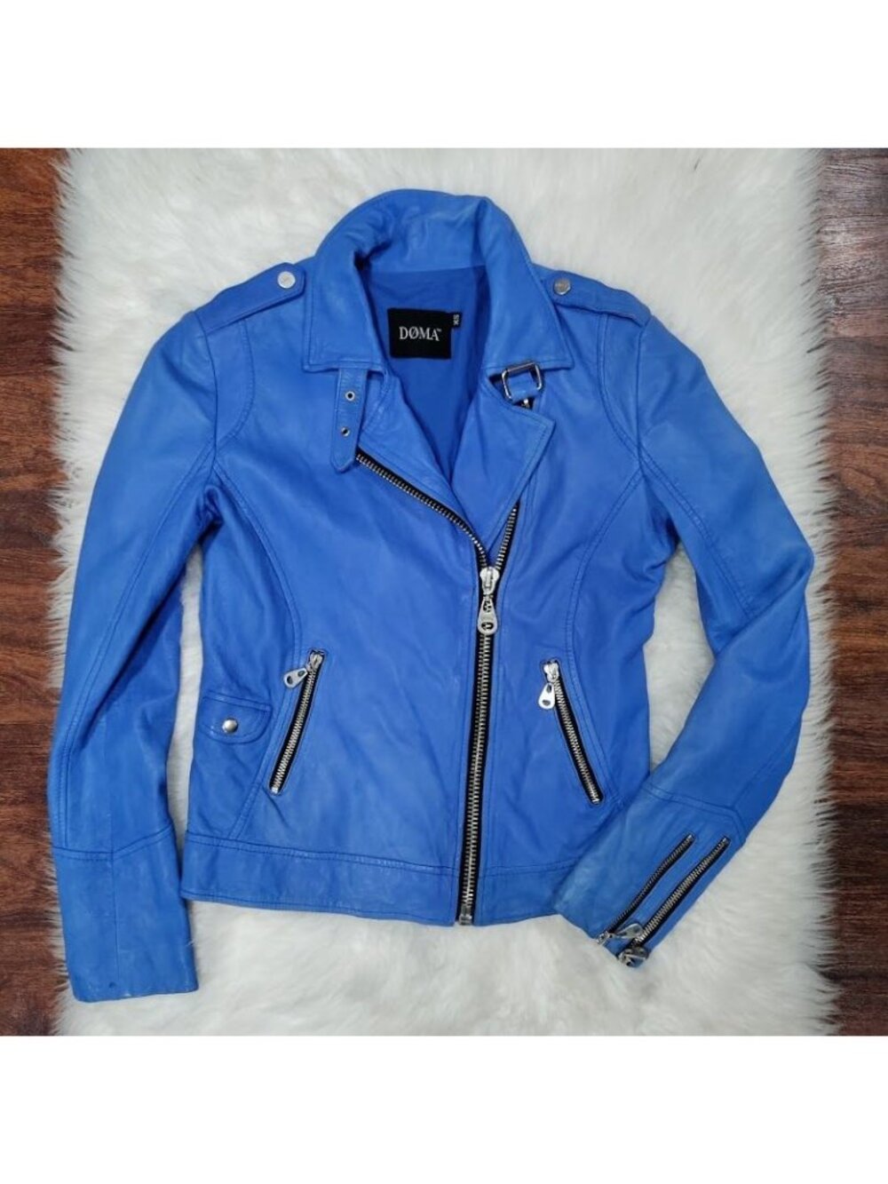 Doma Womens Blue Leather Moto Jacket XS With Zipper Details & Asymmetrical Front - Picture 2 of 15